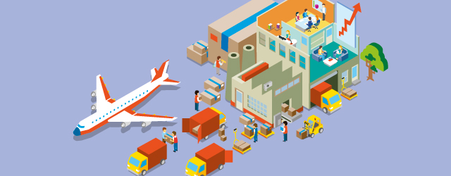 Ilustración de un aeropuerto, camiones y un avión